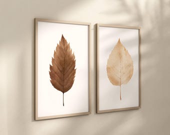 May include: Two framed botanical prints featuring detailed leaf illustrations. One leaf is a rich brown, the other a soft beige, both set against a white background. The frames are a light wood tone, adding a natural aesthetic.