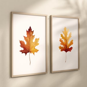 May include: Two framed prints of watercolor paintings of autumn leaves. The left print features a red and yellow maple leaf. The right print features a yellow and orange oak leaf.