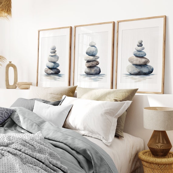 Zen Wall Art Set of Three Balancing Stones Spa Wall Art Beach Rock Painting Yoga Studio Decor Calm Peaceful Spa Bathroom Decor Triptych Etsy