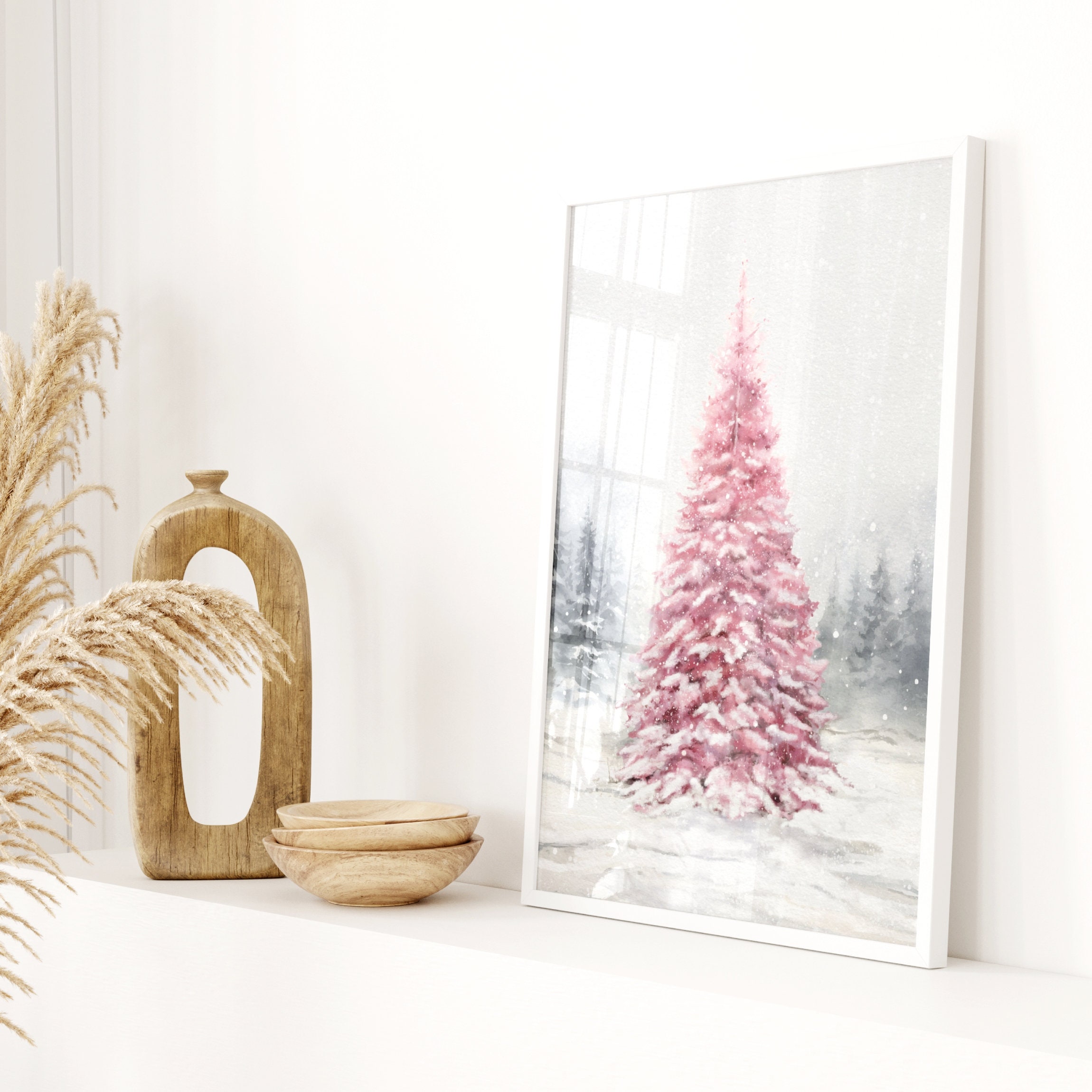 Pink Christmas Tree Watercolor Print, Pink Winter Wonderland, Pink