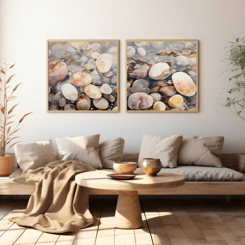 Zen Wall Art, River Rocks, Set of 2 Minimalist Modern Nature Wall Art
