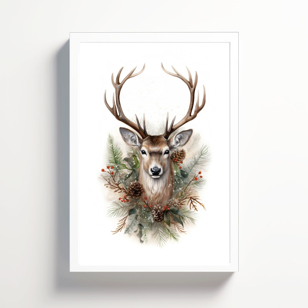 Christmas Deer Painting, Reindeer Print, Woodland Deer Watercolor Art