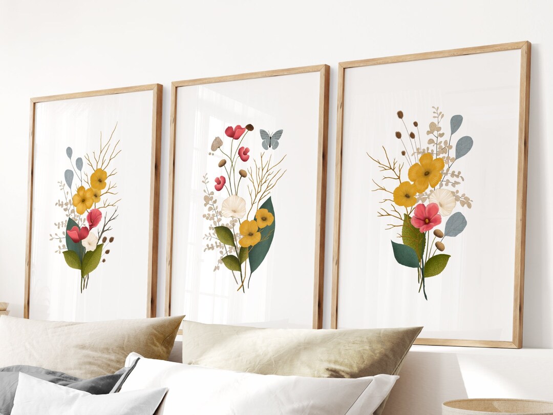 Set of 3 Botanical Art, Wild Flower Print, Wildflower Nursery, Boho ...