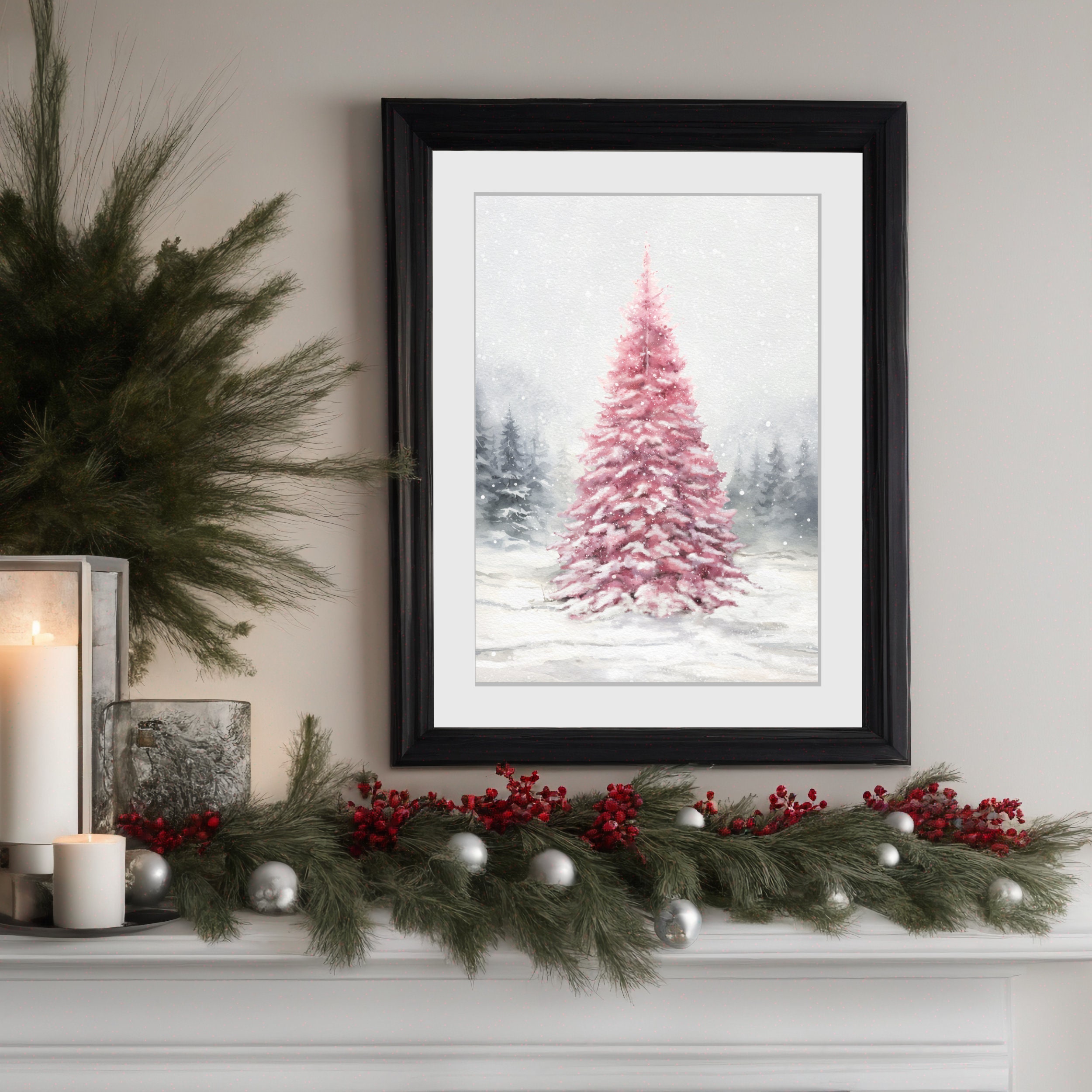 Pink Christmas Tree Watercolor Print, Pink Winter Wonderland, Pink