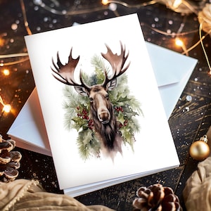 Paquete de tarjetas de Navidad de alces, tarjeta de felicitación personalizada, vacaciones modernas, criaturas del bosque, Navidad nórdica vertical, tarjeta plegada personalizada
