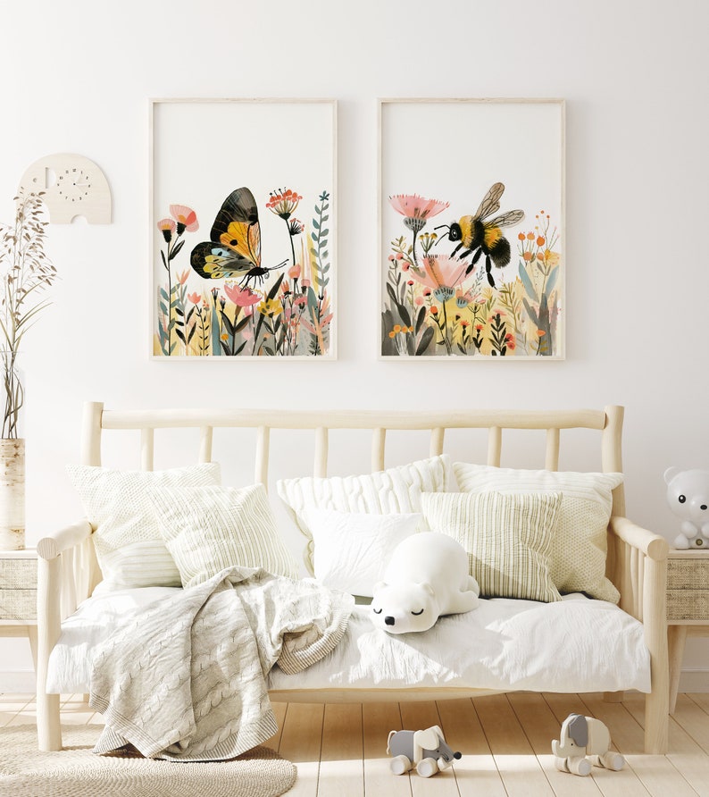 Wildflower Butterfly & Bumble Bee Nursery Prints: Boho Wall Art (set of ...