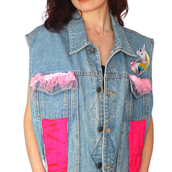 Veste en Jean Upcycler Unique Licorne - Dos Peint à la Main, Taille XL