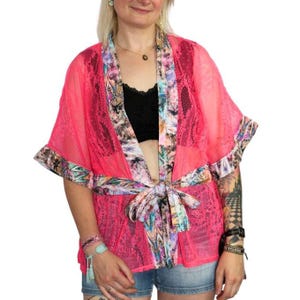 Fine Lace Kimono Neon Pink - Festival Edition Barbie Girl party, festival or beach outfit. Unique handmade model.