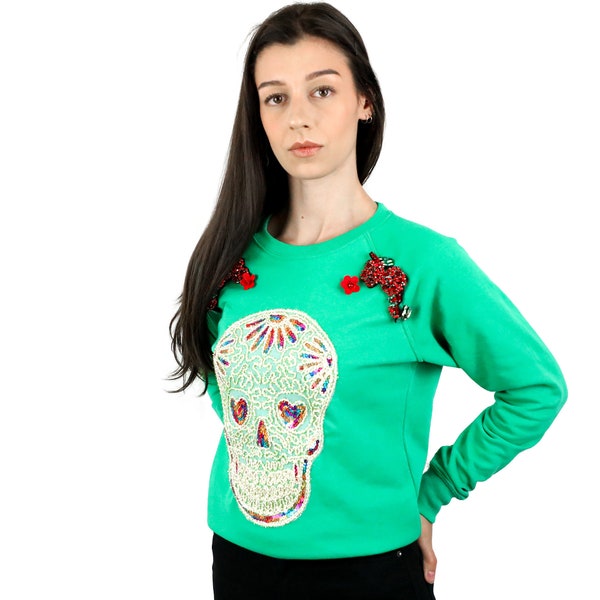 Sweat en Coton Vert avec Applique de Tête de Mort Ne M’oublie Pas