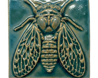 ReliefFliese, 3D Fliese, Zikade, türkis, Grüntöne, Kacheln, Mosaik, Bad, Küche, Garten, Fliesenmuster