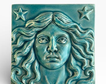 ReliefFliese, 3D Fliese, griechische Götter, Nyx - Göttin der Nacht, türkis, Kacheln, Mosaik, Bad, Küche, Fliesenmuster