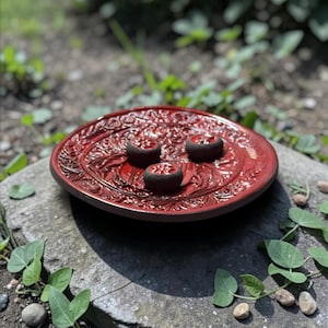 Könnte beinhalten: Ein runder, roter Keramikteller mit geprägtem floralem Design. Drei kleine, dunkelbraune Objekte sind auf dem Teller platziert. Der Teller steht auf einer grauen Steinoberfläche, umgeben von grünem Laub und kleinen Steinen.
