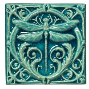 Reliëftegel, 3D-tegel, libelle, turquoise, groene tinten, tegels, mozaïek, badkamer, keuken, tuin, tegelpatroon