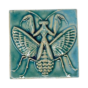 Carrelage en relief, carrelage 3D, mante religieuse, turquoise, tons verts, carrelage, mosaïque, salle de bain, cuisine, jardin, motif de carrelage