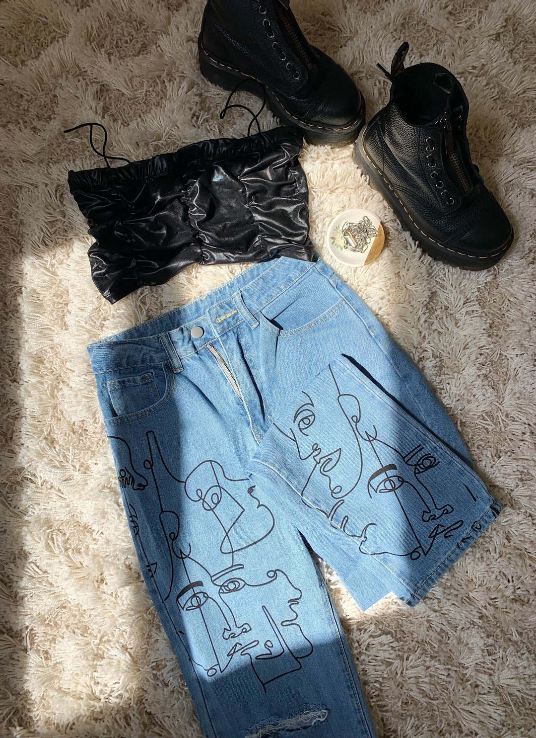 Line Art Jeans Face Line Art Ripped Jeans LEVIS Art Etsy