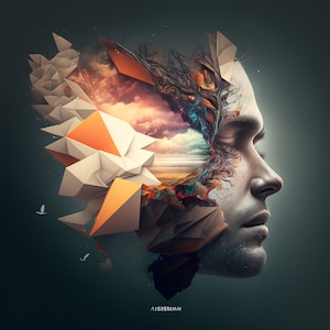 May include: Abstract digital artwork depicting a man's face with a tree growing from it. The tree is surrounded by colourful geometric shapes and a cloudy sky.