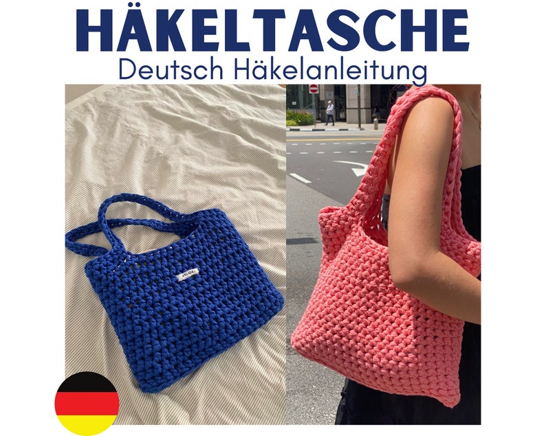 May include: Two crocheted tote bags, one blue and one pink. The bags are made with a simple stitch pattern and have a wide, flat base. The bags are shown on a white background.