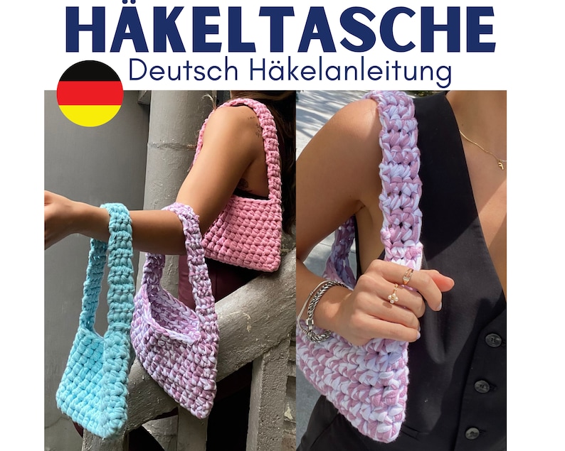 May include: Two crocheted handbags in different colours. One is light blue and the other is a mix of white and light purple. The handbags are shown being worn by two different people.