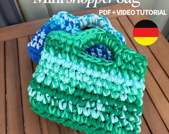 Deutsch Häkelanleitung Handtasche + Video-Tutorial, Mini Shopper Bag, Anleitung für Mini Häkeltasche für Anfänger, trendige Häkeltasche