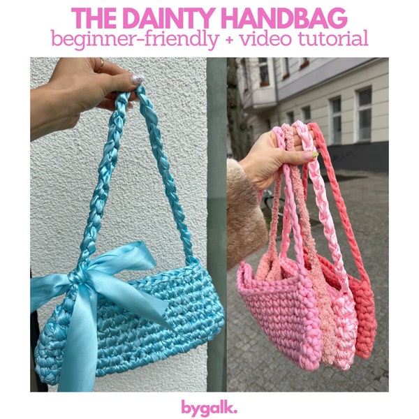 The Dainty Handbag -  Crochet ribbon bow bag - Easy Cute crochet bag pattern with Video tutorial and step-by-step-guide!