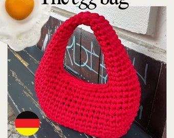 The Egg Bag Häkelanleitung + Videotutorial Link, Handtasche häkeln deutsche PDF + Schritt für Schritt Anleitung mit Bildern