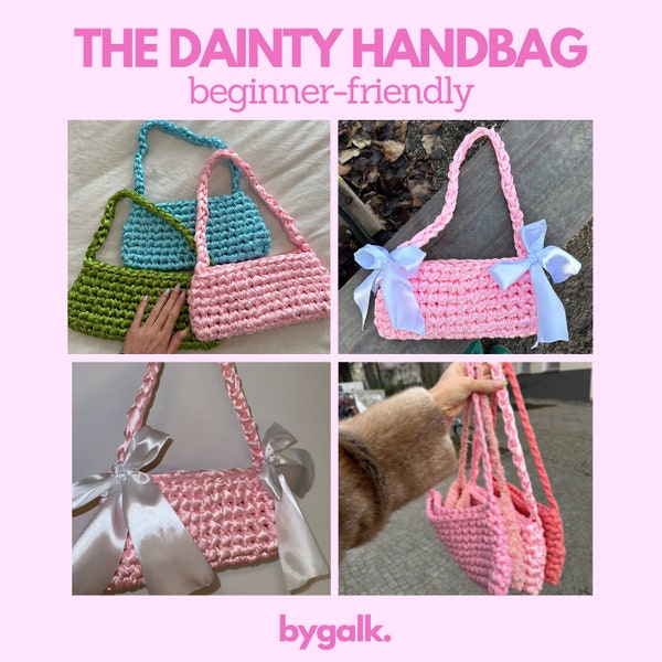The Dainty Handbag -  Crochet ribbon bow bag - Easy Cute crochet bag pattern with Video tutorial and step-by-step-guide!