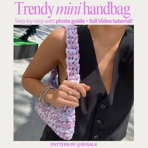 Einfache häkeln einer Mini-Handtasche, Video-Tutorial und Schritt-für-Schritt-Fotoanleitung, Häkeltaschenmuster für Anfänger, einfache gehäkelte Tasche PDF-Download