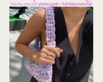 Easy Crochet Mini Handbag, video tutorial and step-by-step photo guide, crochet bag pattern for beginners, easy crochet bag PDF Download