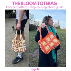 以下が含まれることがあります： 花柄のモチーフで編まれたトートバッグが2つ。1つはクリーム色で緑とピンクの花、もう1つはオレンジ色でピンクと黄色の花。どちらもグラニースクエアの編み方で編まれています。
