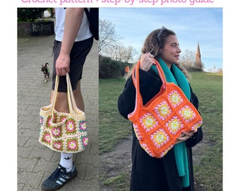 Bloom Totebag: Crochet bag pattern - Granny square crochet bag tutorial + step-by-step photo guide - Cute Summer crochet handbag