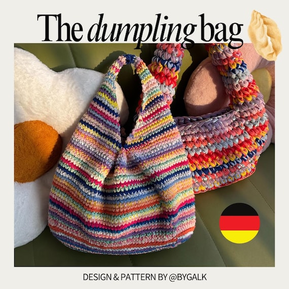 German The Dumpling Bag + Videotutorial Link, Handtasche häkeln deutsche PDF Anleitung mit Bildern