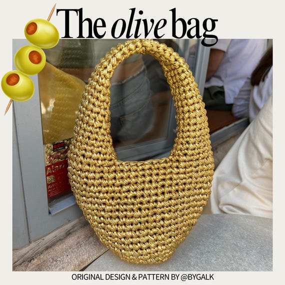 The Olive Bag crochet pattern + video tutorial link, metallic yarn crochet handbag tutorial, trendy stylish crochet bag, English PDF pattern