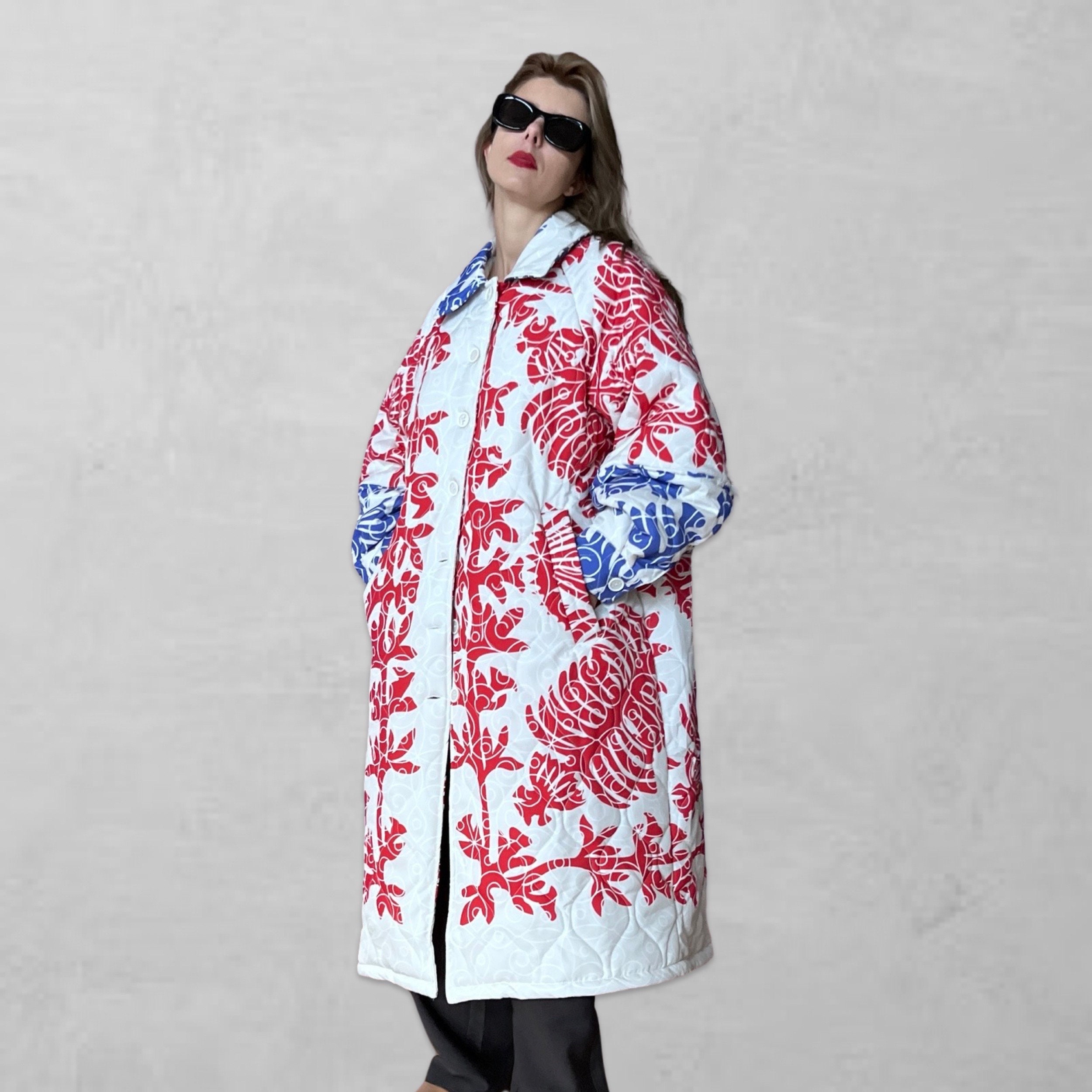 White Long Quilted Puffer Jacket With Floral Pattern - Etsy