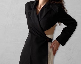 Reworked black blazer with wrap detail and cut out back