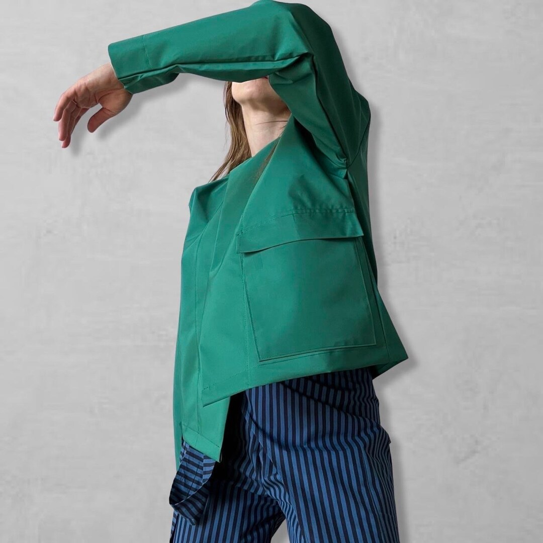 Green Technical Fabric Short Wrap Jacket Etsy