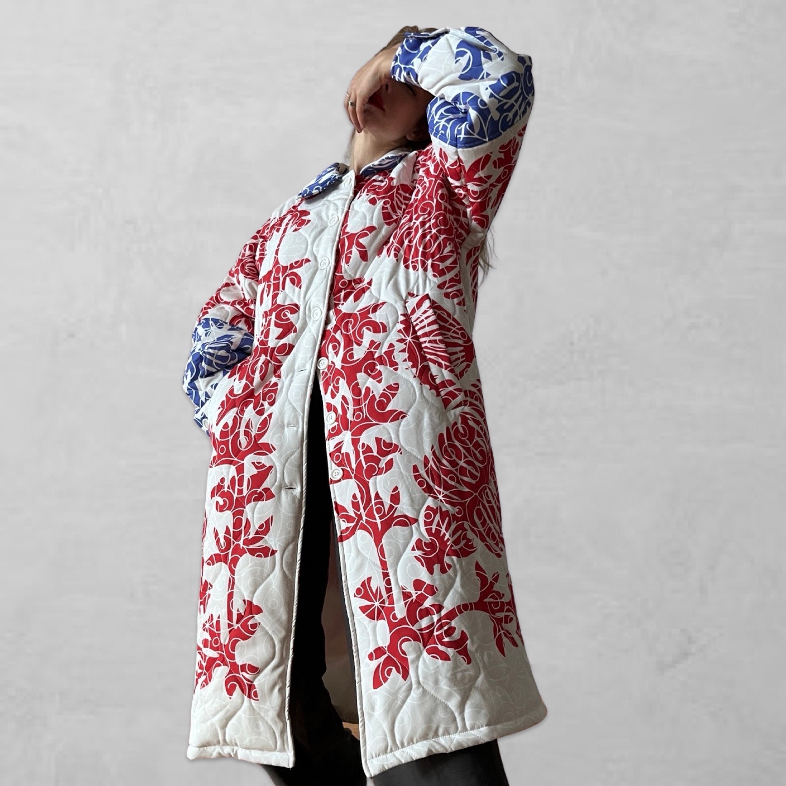 White Long Quilted Puffer Jacket With Floral Pattern - Etsy