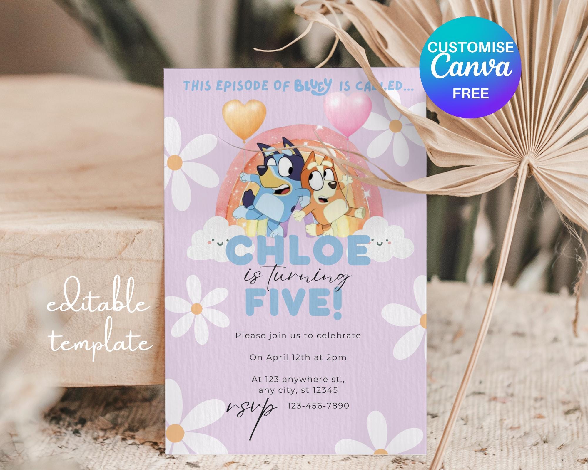 Bluey Birthday Invitation Purple Daisy