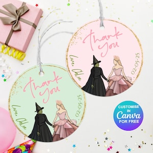 Etiquetas de agradecimento editáveis | Etiquetas de presente inspiradas em Wicked | Etiquetas de lembrancinhas de festa do Mágico de Oz para impressão | Modelo DIY de Glinda e Elphaba