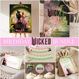 Faire-part d'anniversaire méchant & plaque de bienvenue, lot de modèles, invitation à une fête Glinda Elphaba modifiable, guirlande de bannière méchante, décoration de fête méchante