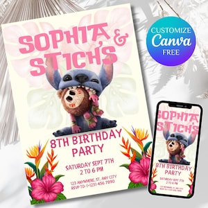 Convite de aniversário Lilo e Stitch 2025 | Editável para impressão | Convite para festa Luau havaiana | Download digital | Aniversariante Stitch para menina ou menino