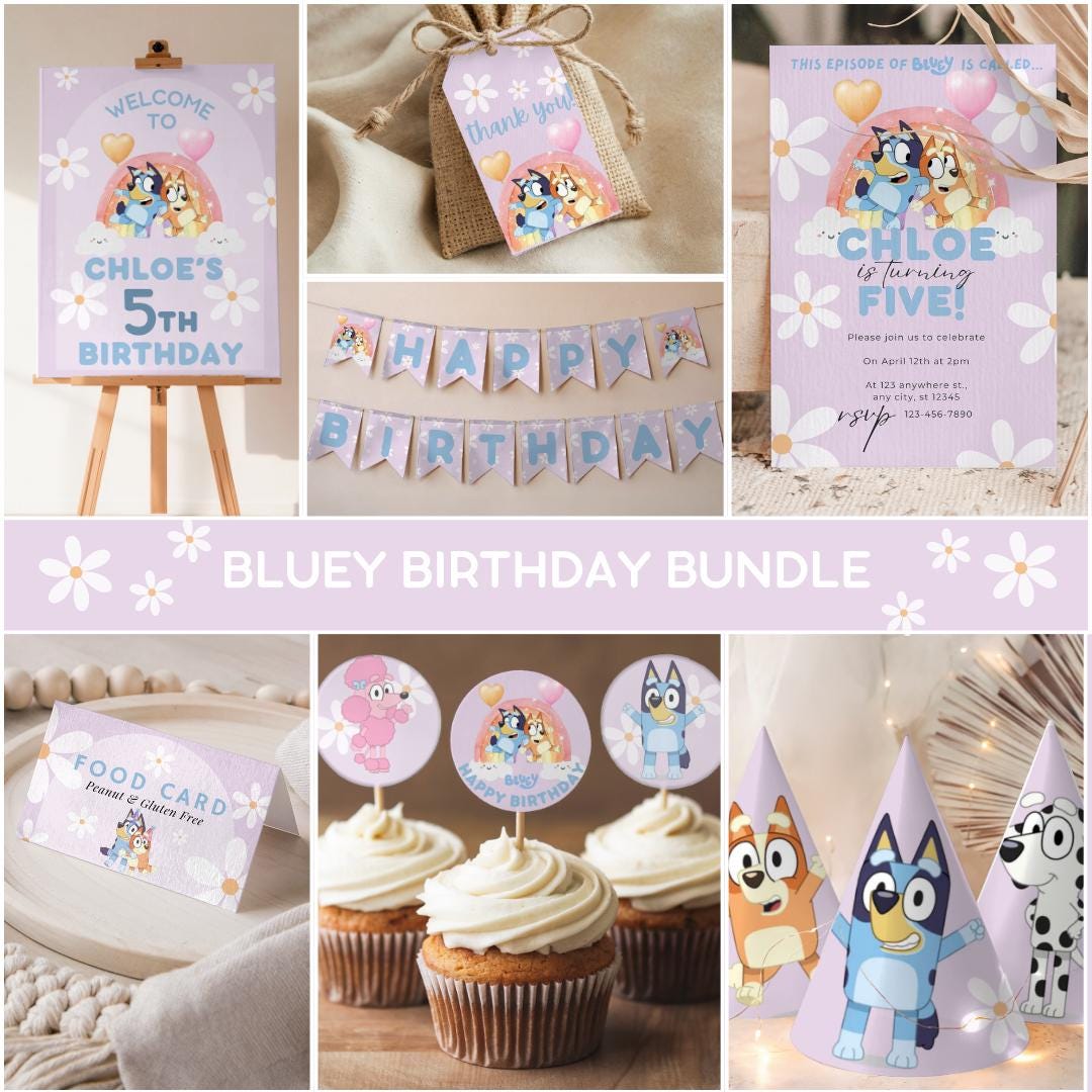 Bluey Birthday Invitation Purple Daisy