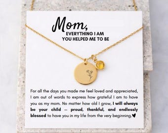 Personalized Sentimental Card For Mom With Necklace & Birthstone Charm Thank You Note Jewelry For Mama Mother's Day Rose Gift Birthday Idea