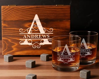 Personalized Whiskey Two Glass & Ice Stone Set With Wooden Monogram Engraved Box Husband Anniversary Gift Coworker Birthday Idea Retirement