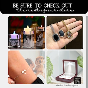 Pode incluir: Tr&ecirc;s cubos de fotos de vidro com luzes LED, um colar prateado, dourado e de ouro rosa com um pingente preto e de foto, uma pulseira prateada com um pingente de cora&ccedil;&atilde;o e uma caixa de joias de madeira vermelha com uma luz LED.  "BE SURE TO CHECK OUT the rest of our store" e "LED LIGHT WOODEN JEWELRY GIFT BOX Linked in the description." est&atilde;o escritos na imagem.