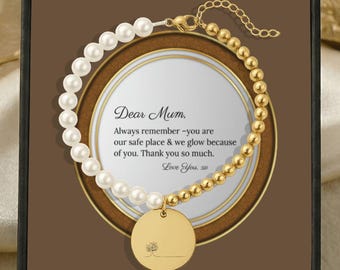 Gold Coin Pearl I Love You Bracelet for Mum Engraved Wristband for Woman Mother of Pearl Beaded Bangle Mother's Day UK Gift From Family Set