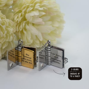 Medallones Collar con medallón de libro personalizado Regalo Idea para un ratón de biblioteca Palabra de aliento Páginas grabadas para ella Mini libro Recuerdo Poema conmemorativo