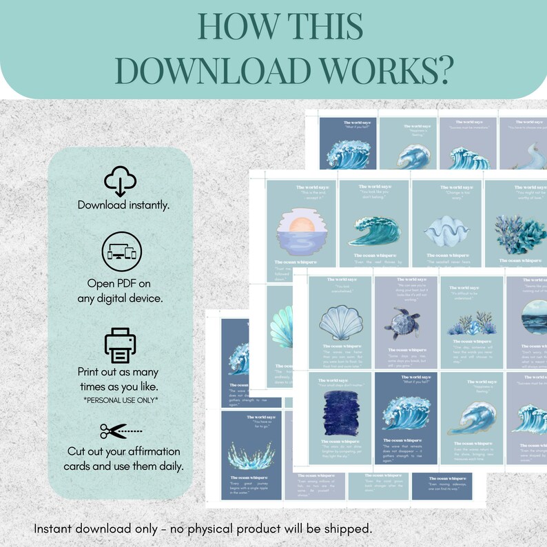 100 affirmation ocean-themed cards, digital self-care mindfulness deck, printable motivational stickers, calming mind journal vision board, positive mindset affirmation PDF, self-help journaling prompts, beach-themed inspirational printables, free mental wellness digital deck, stress relief affirmation cards, instant download positivity journal, personal growth vision board stickers