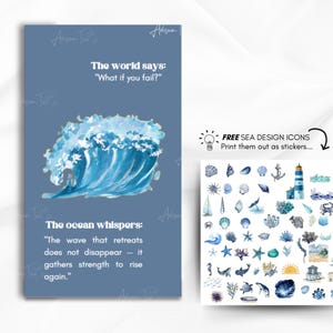Pode incluir: Uma ilustra&ccedil;&atilde;o de aquarela azul e branca de uma onda quebrando. O texto "The world says: "What if you fail?" e "The ocean whispers: "The wave that retreats does not disappear - it gathers strength to rise again." est&aacute; impresso em um fundo azul.
