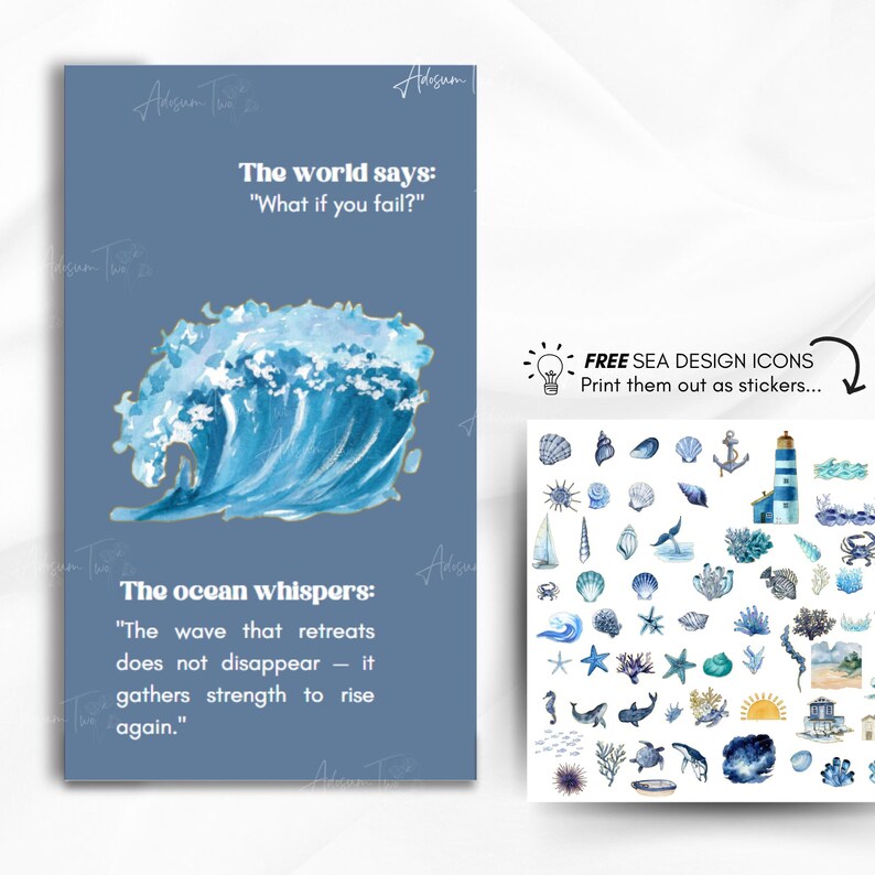 Pode incluir: Uma ilustra&ccedil;&atilde;o de aquarela azul e branca de uma onda quebrando. O texto "The world says: "What if you fail?" e "The ocean whispers: "The wave that retreats does not disappear - it gathers strength to rise again." est&aacute; impresso em um fundo azul.