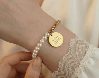 Fully Customized Gold Coin Pearl Bracelet for Her Engraved Wristband Woman Mother of Pearl Beaded Bangle Mother's Day Birthday Anniversary